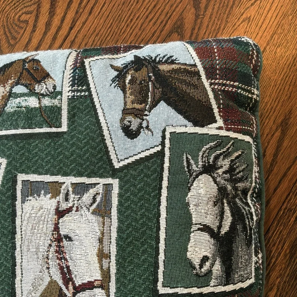 VTG Horses Tapestry Throw Pillow‎ Collage Green Tartan Plaid Equestrian 16